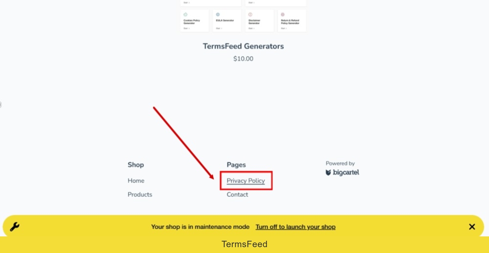 TermsFeed Big Cartel - Preview your shop - Footer - Privacy Policy - linked and displayed