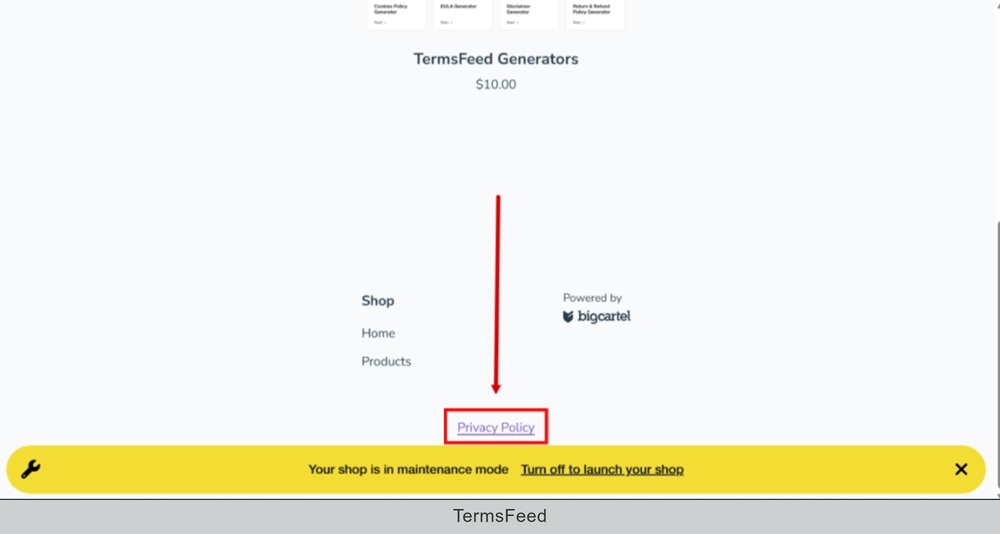TermsFeed Big Cartel - Preview your shop - Footer - Privacy Policy - URL displayed