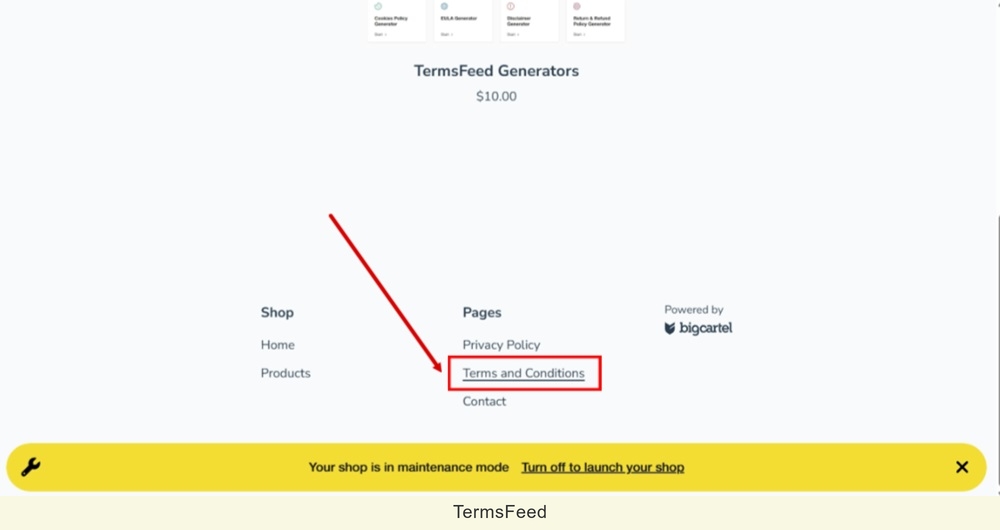 TermsFeed Big Cartel - Preview your shop - Footer - Terms and Conditions - linked and displayed