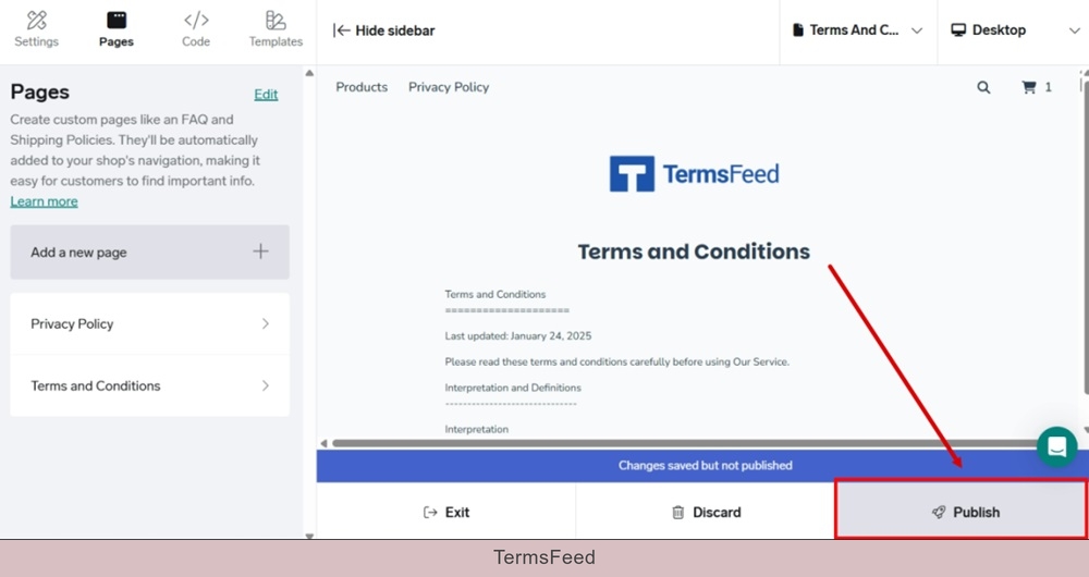 TermsFeed Big Cartel - Shop designer - Pages - Add a new page - Terms and Conditions added - Publish