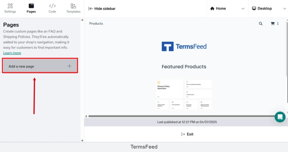 TermsFeed Big Cartel - Shop designer - Pages - Add a new page