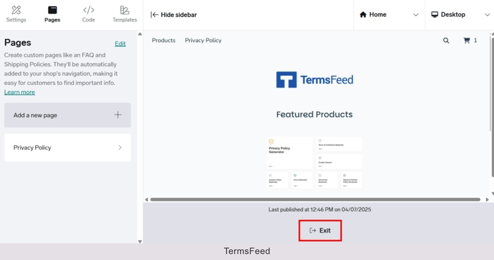 TermsFeed Big Cartel - Shop designer - Pages - Add a new page - Privacy Policy added - Published - Exit