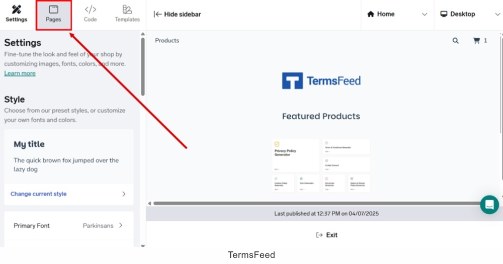 TermsFeed Big Cartel - Shop designer - Pages