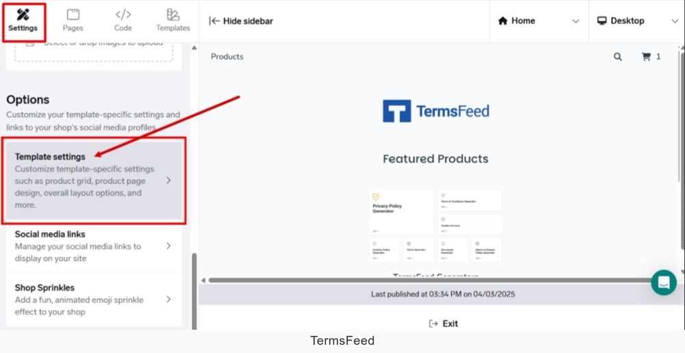 TermsFeed Big Cartel - Shop designer - Settings - Template