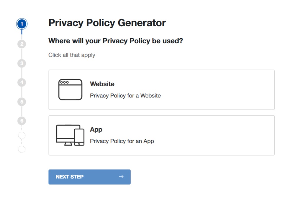 TermsFeed Privacy Policy Generator - Step 1 - Where will your Privacy Policy be used?