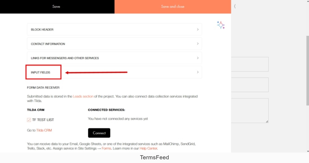 TermsFeed Tilda - Contact Us page - Edit Content - Input Fields