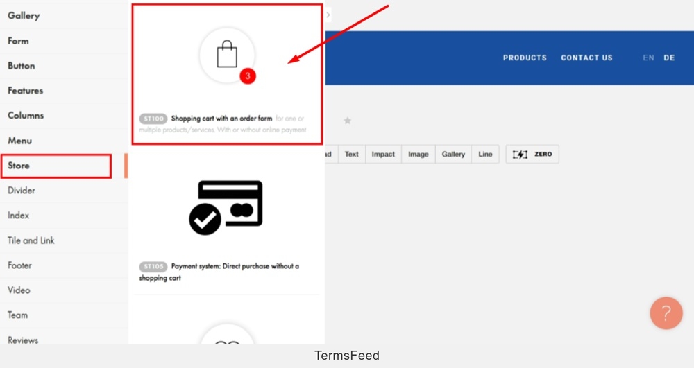 TermsFeed Tilda - Edit Header page - More Blocks - Store -  Shopping cart with an order form