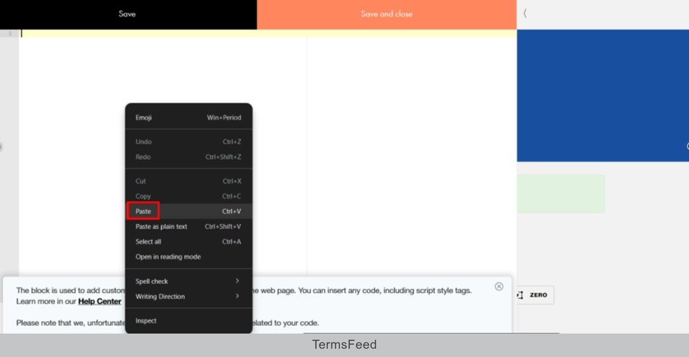 TermsFeed Tilda - Edit Website - Footer page - Embed HTML code - Content - paste