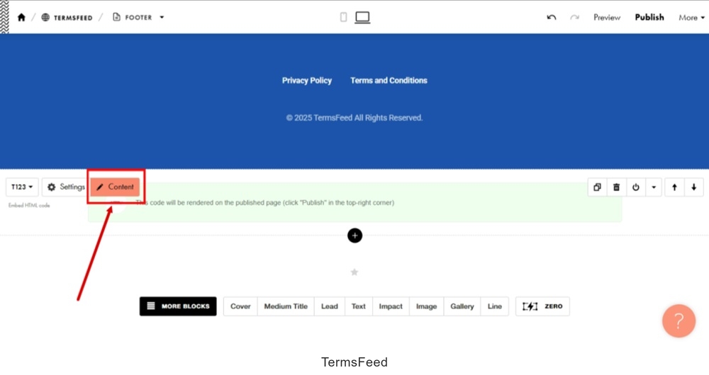 TermsFeed Tilda - Edit Website - Footer page - Embed HTML code - Content