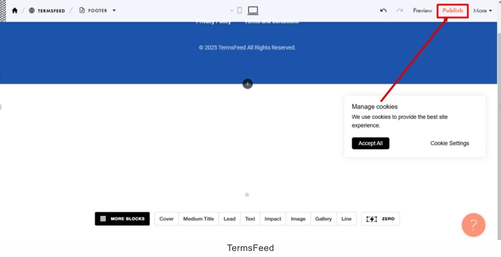 TermsFeed Tilda - Edit Website - Footer page - More Blocks - Other - Cookie consent settings - Publish