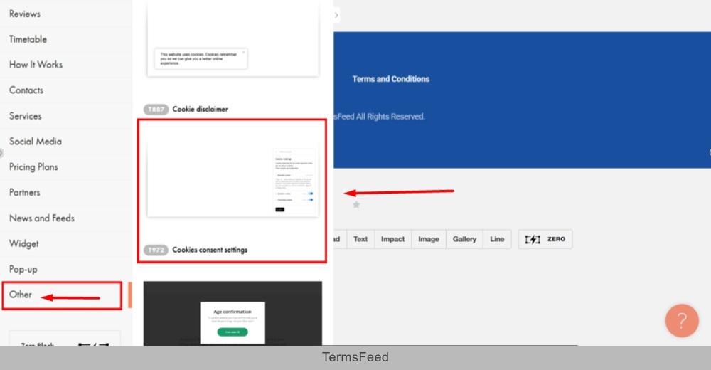 TermsFeed Tilda - Edit Website - Footer page - More Blocks - Other - Cookie consent settings