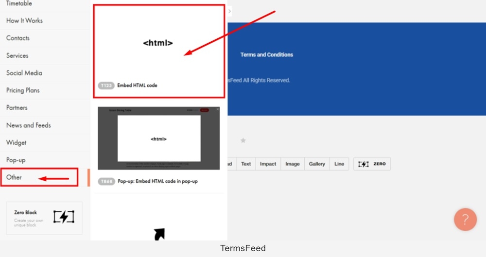 TermsFeed Tilda - Edit Website - Footer page - More Blocks - Other - Embed HTML code