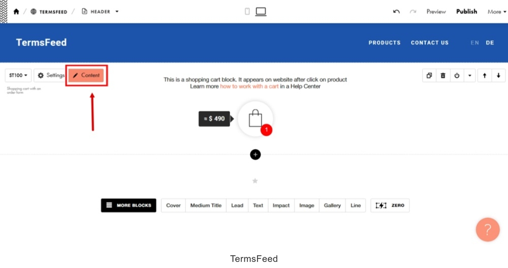 TermsFeed Tilda - Shopping cart with an order form added - Edit Content