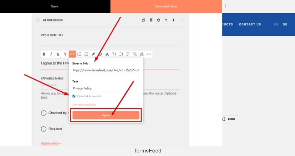TermsFeed Tilda - Shopping cart with an order form - Edit Content - Input Fields - Add - Label - I agree to the Privacy Policy - Link pasted - Apply