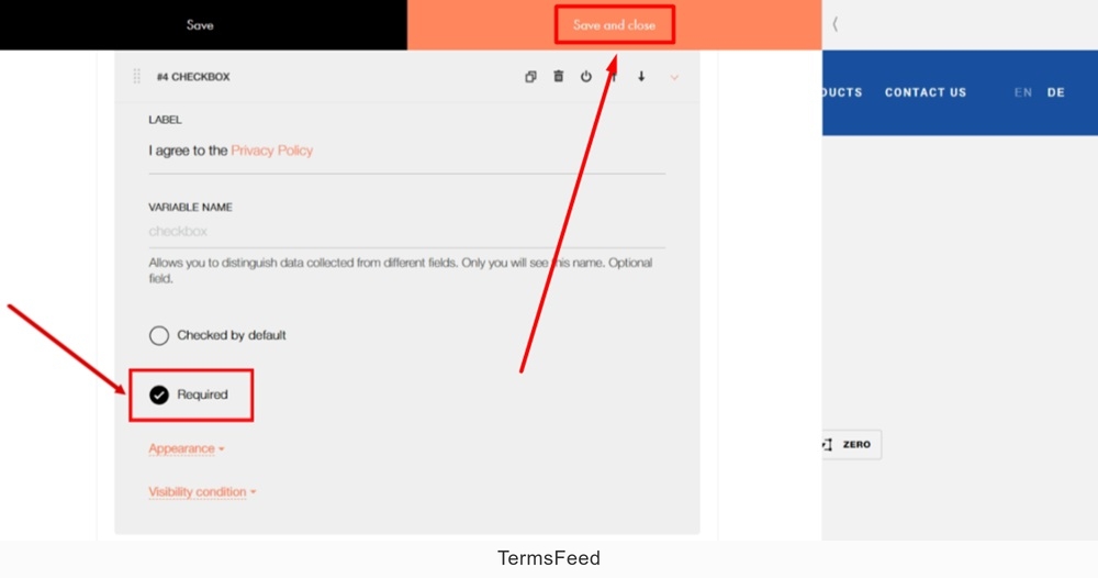 TermsFeed Tilda - Shopping cart with an order form - Edit Content - Input Fields - Add - Required option - Save and close
