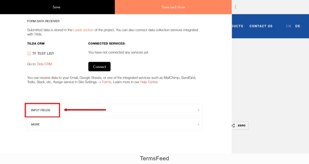 TermsFeed Tilda - Shopping cart with an order form - Edit Content - Input Fields