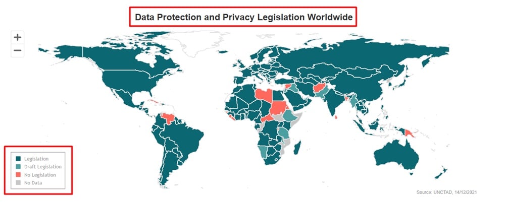 UN map showing global data protection laws adoption
