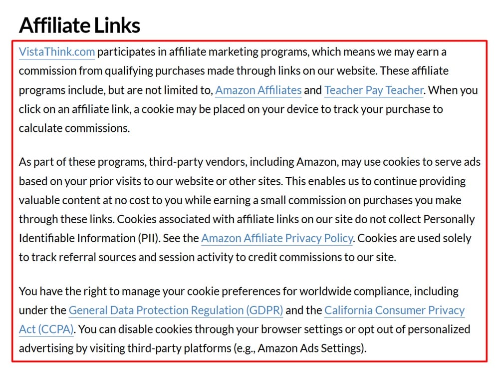 VistaThink Privacy Policy: Affiliate Links clause