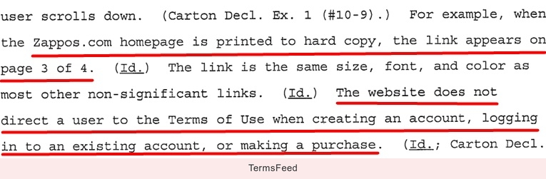 Zappos Browsewrap Terms of Use Court Case: Lacks link to Terms of Use