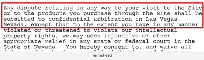 Zappos Terms and Conditions Agreement: Dispute provision