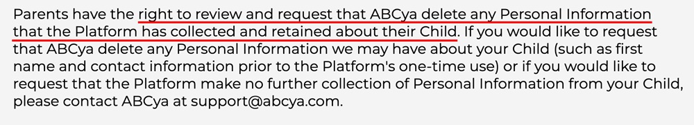 Screenshot of ABCYa's privacy clause enabling parental review and deletion of their child's data