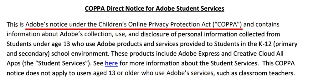 Image of Adobe's COPPA notice used to disclose data collection practices from children