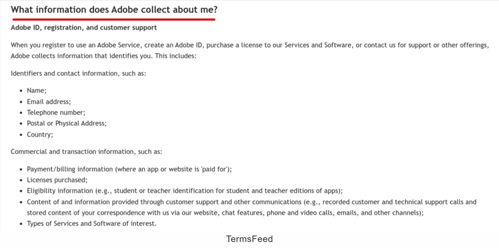 Adobe Privacy Policy - What information does Adobe collect clause - excerpt