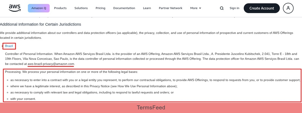 Amazon AWS Privacy Notice: Brazil Section - Legal bases excerpt