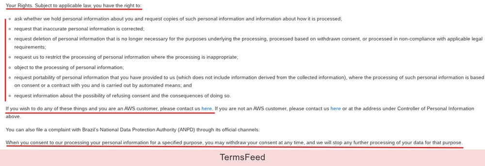 Amazon AWS Privacy Notice: Brazil Section - User rights excerpt