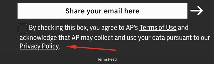 AP News' newsletter signup form featuring a consent checkbox associated with Privacy Policy agreement