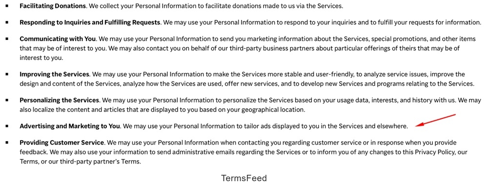 Extract from AP News' Privacy Policy revealing reasons for processing user data