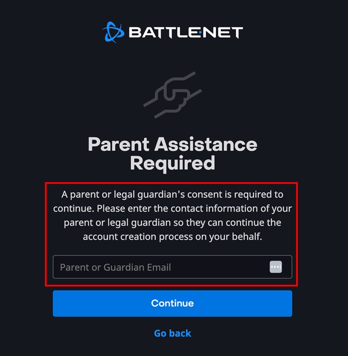 Image of Battle.net's account setup page for acquiring parent's consent using the email plus practice