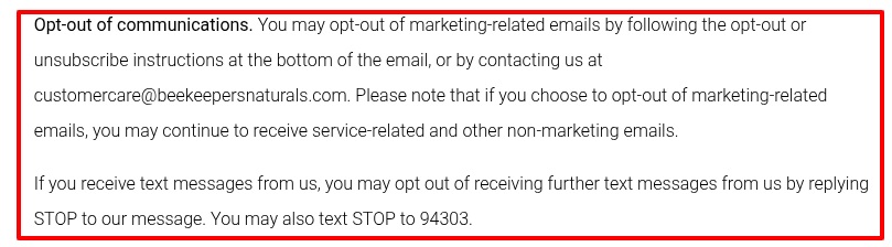Beekeepers Naturals Privacy Policy - Opt out of communications clause