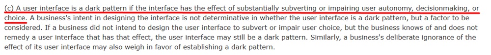 Statute from the California Consumer Privacy Act prohibiting dark patterns