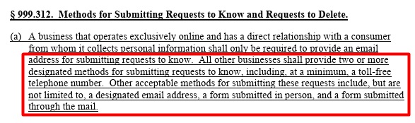 California's CCPA requirement about multiple channels for submitting data requests