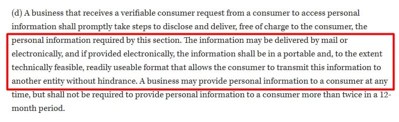 The right to data portability clause in California's CCPA