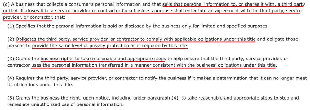 Text screenshot from CCPA section 1798.100(d) emphasising the need for businesses to have an agreement in place with third parties handling personal data