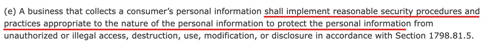 Photo of CCPA section 1798.100(e) which underlines the need for businesses to implement reasonable security measures