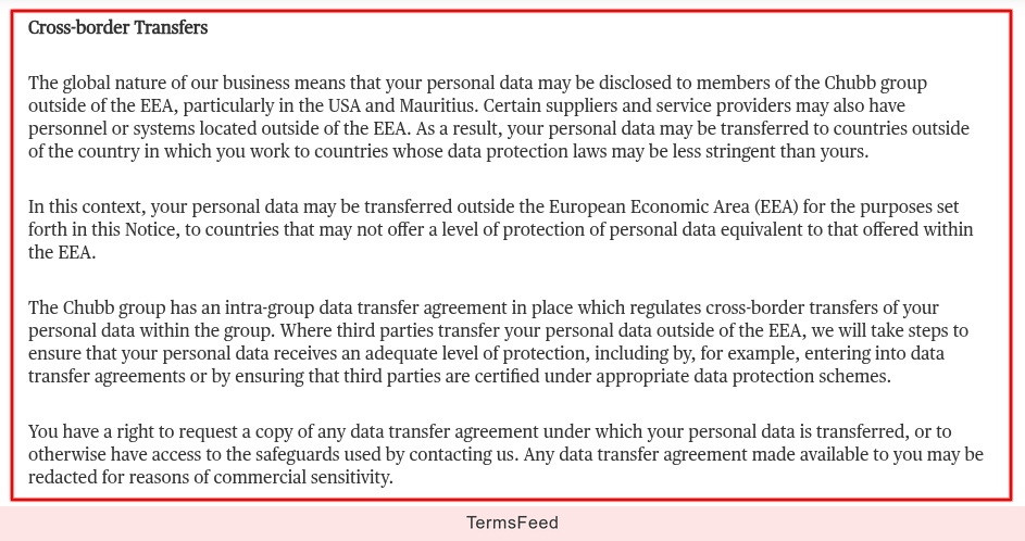 Chubb Employee Data Privacy Notice - Cross-border transfer clause