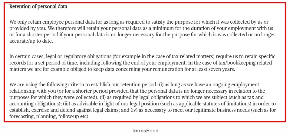 Chubb Employee Data Privacy Notice - Data retention clause