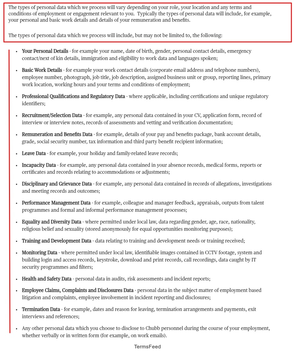 Chubb Employee Data Privacy Notice - Types of Personal Data Chubb Processes clause