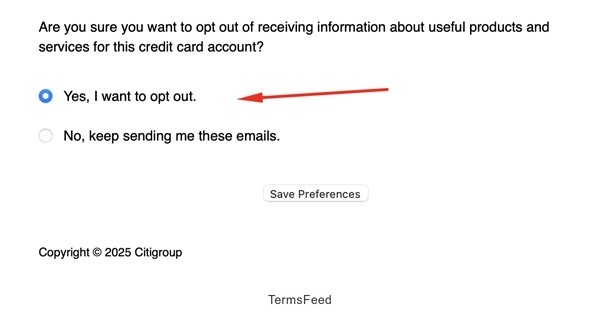Screenshot of the page where users can submit their preferences after clicking on Citi's opt-out link