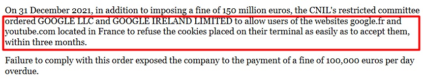 Display of CNIL penalty notice to Google for non-compliance with cookie consent regulations