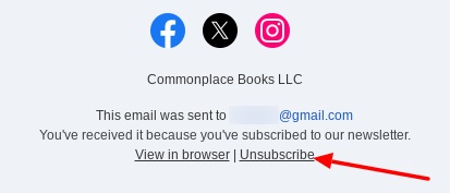 Commonplace books email footer with Unsubscribe link highlighted