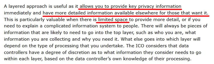 Recommended layered dashboard for privacy preference by the UK Information Commissioner's Office