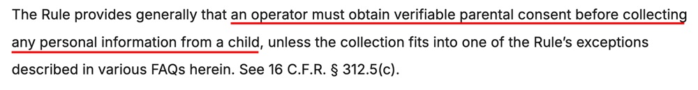 Screenshot from COPPA guidelines, highlighting children's privacy consent rules