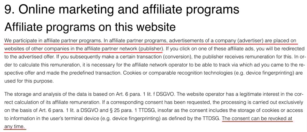 Custom Interactions privacy policy section mentioning affiliates