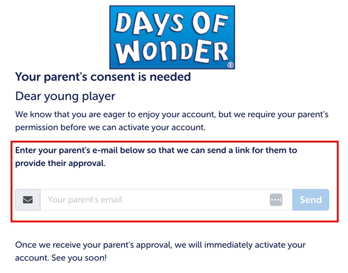 Screenshot from Days of Wonder's parental consent process via email link