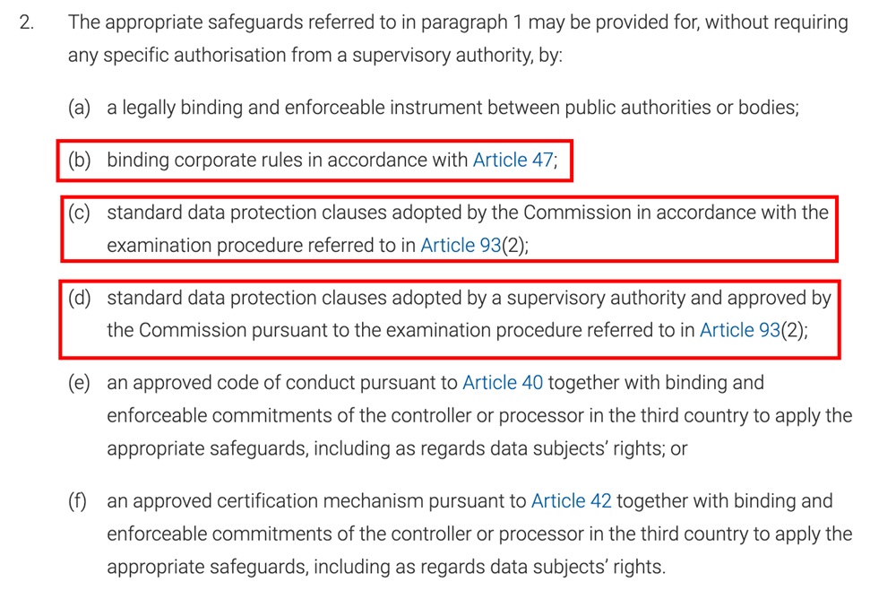 A detailed look at Article 46 (2) of GDPR, showcasing methods to provide adequate safeguards including BCRs and SCCs