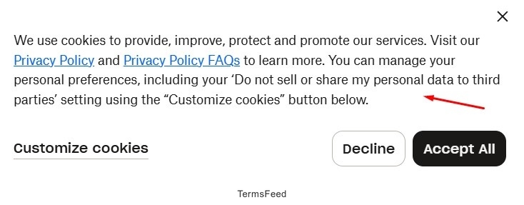 Dropbox's cookie banner providing a customize cookies button to opt out of data sharing